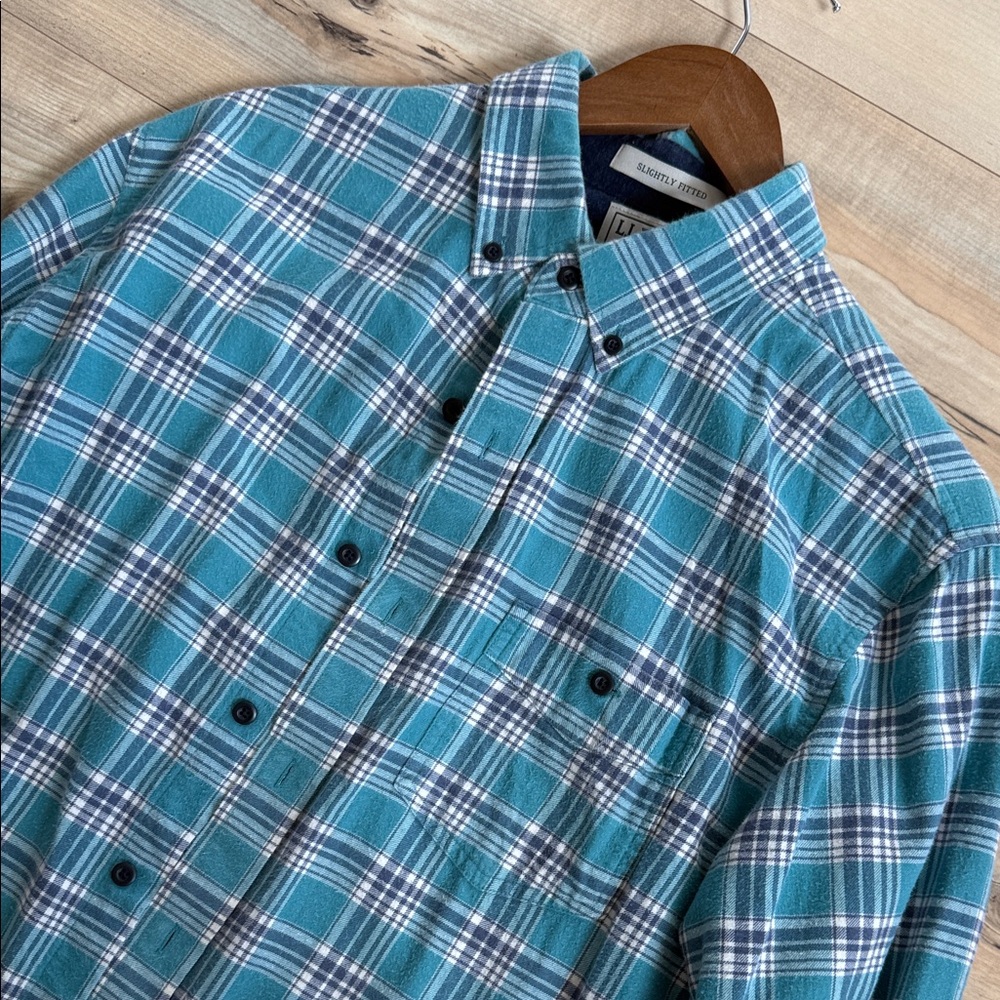 L.L. Bean Flannel Teal and White Plaid Button Down Shirt